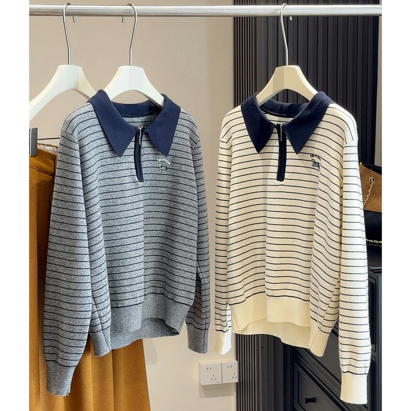 Polo Collar Cartoon Embroidered Puppy Half-Zip Striped Sweater for Women, Autumn and Winter Korean Style Loose and Lazy Pullover Sweater