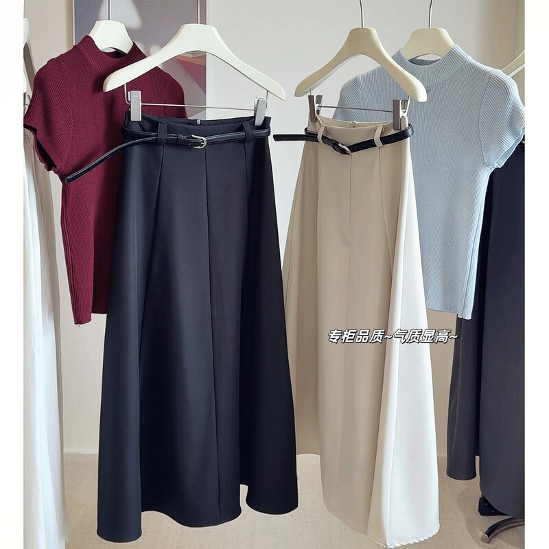 Drapey A-Line Flared Suit Skirt for Women, 2025 Autumn New Elegant Commuter Slimming Mid-Length Umbrella Skirt