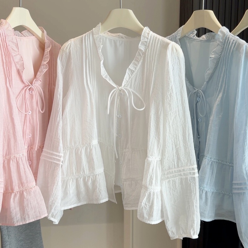 2026 Spring/Summer Thin Ruffled V-Neck Tie Shirt for Women, French Style Loose Lantern Sleeve Inner Layer Top Blouse