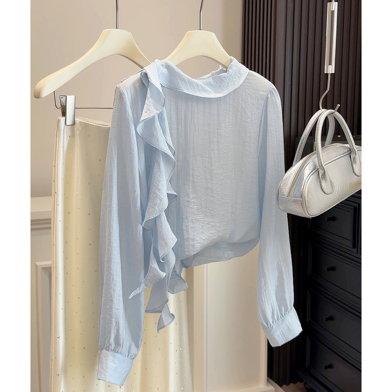 High-End Korean Style Irregular Ruffle Ribbon Shoulder Button Shirt for Women, New Spring Loose and Versatile Thin Top