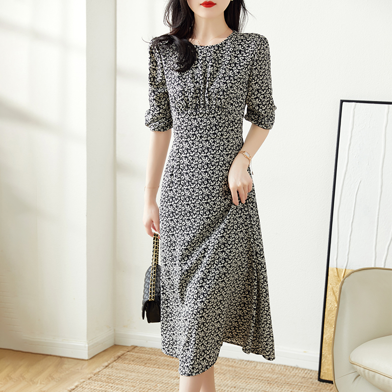 Sandro Svpr black Crushed Flowers Foreign Dress Women 2022 Summer new French style retro long version A character dress