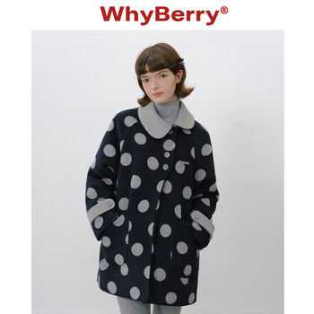 Whyberry 25aw zhenbei girl polka dot slant collar mid-length coat retro contrast color wool jacket