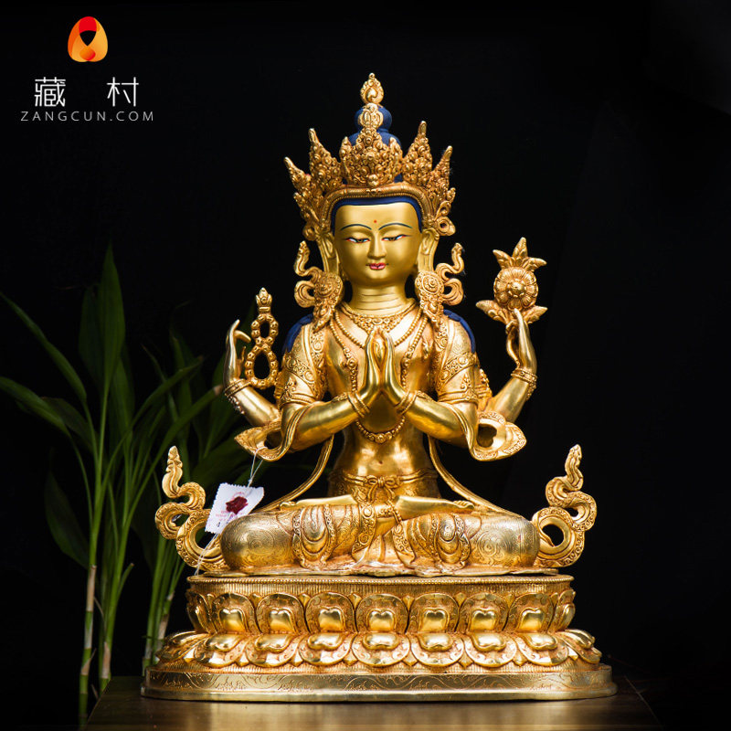 Four-armed Guanyin Tibetan Buddhism Tantric ornaments Nepal boutique 15-inch pure copper gold-plated four-armed Guanyin Buddha statue