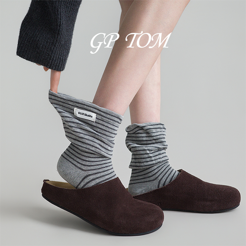Japanese Gp Tom Mid-Calf Socks for Women, Summer Thin Style, Fine Striped Flared Edge, Simple Label, Short Socks to Match Birkenstock Shoes