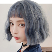 Blue wig female air bangs short curly hair wig set temperament Joker Mori corn hot short hair wig