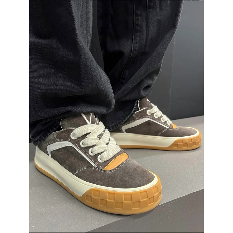 Port Style - Cool Checkerboard Pattern Old Money Style Casual Sneakers for Men, Versatile Thick-Soled White Shoes, Genuine Leather Retro