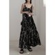 Shiyou abstract line flower suspender skirt Korean version retro temperament tall man big swing A-line mid-length dress fairy