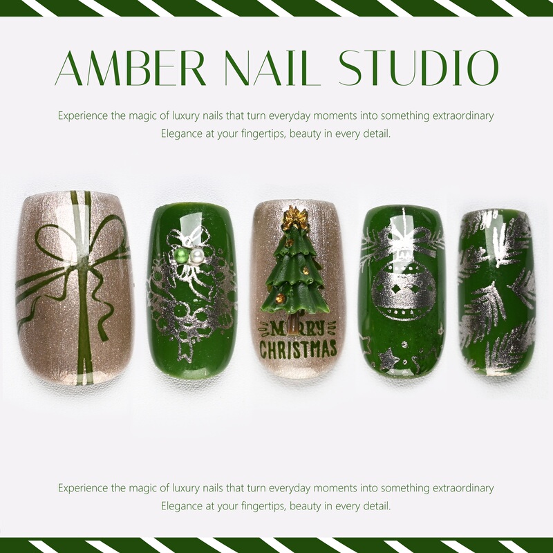 【Amber】Christmas Limited Edition Silver Green Winter Gift Forest Style Winter Mistletoe Vintage Artistic Wearable Nails
