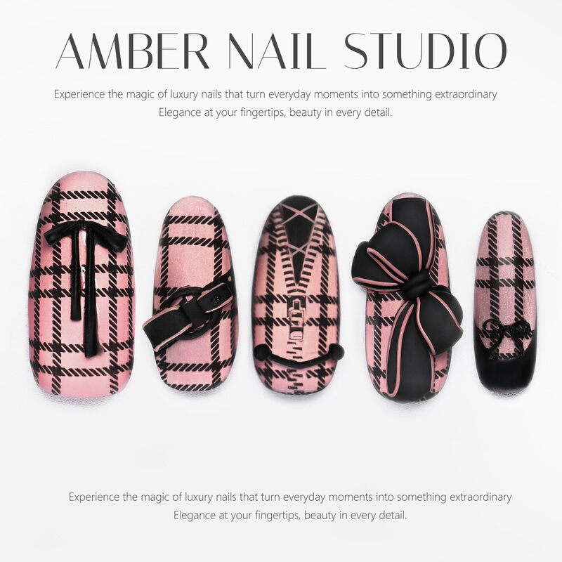 【Amber】Girl's Tyrant Black and Pink Plaid Bow Sweet and Cool Personalized Nail Art