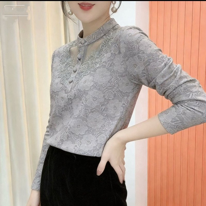 Lace Base Shirt for Women 2026 New Autumn and Winter Stylish T-Shirt Top for Mothers, Youthful Mesh Outerwear