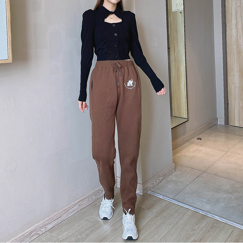 2024 Pure Cotton Af New Women's Sweatpants Fleece-Lined Thickeneded Large Size Loose Sports Casual Harem Autumn and Winter Fleece Windproof