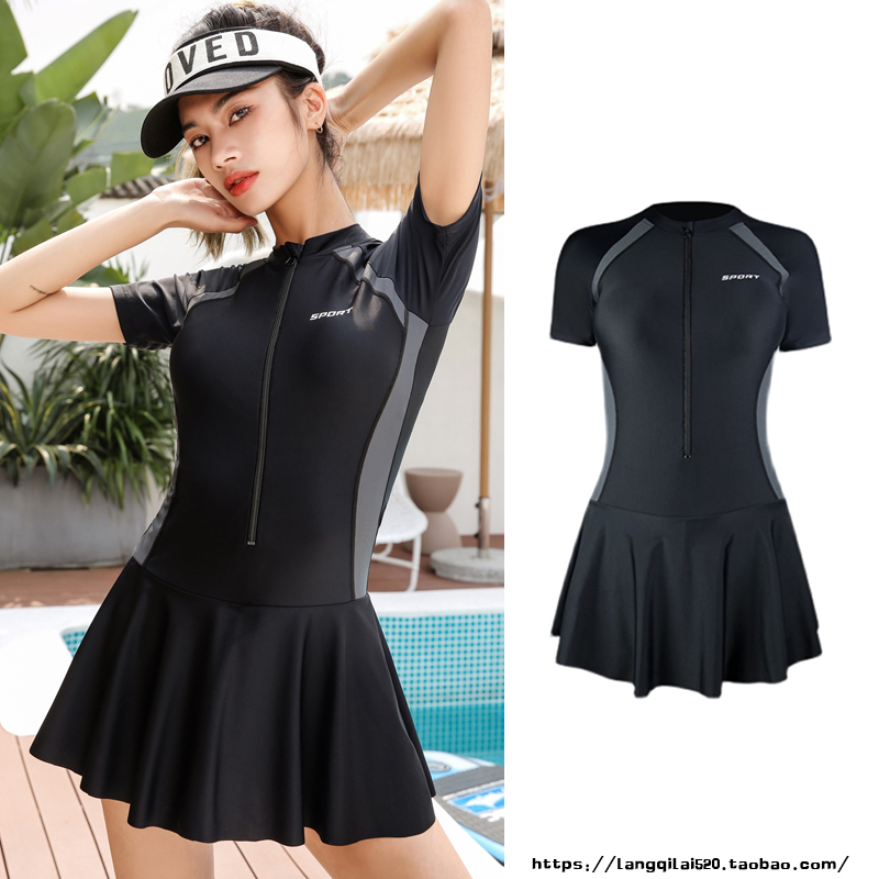 Conservative swimsuit women's one-piece dress style Slim Short Sleeves Professional Sports swimsuit diving suit Gats up 2021