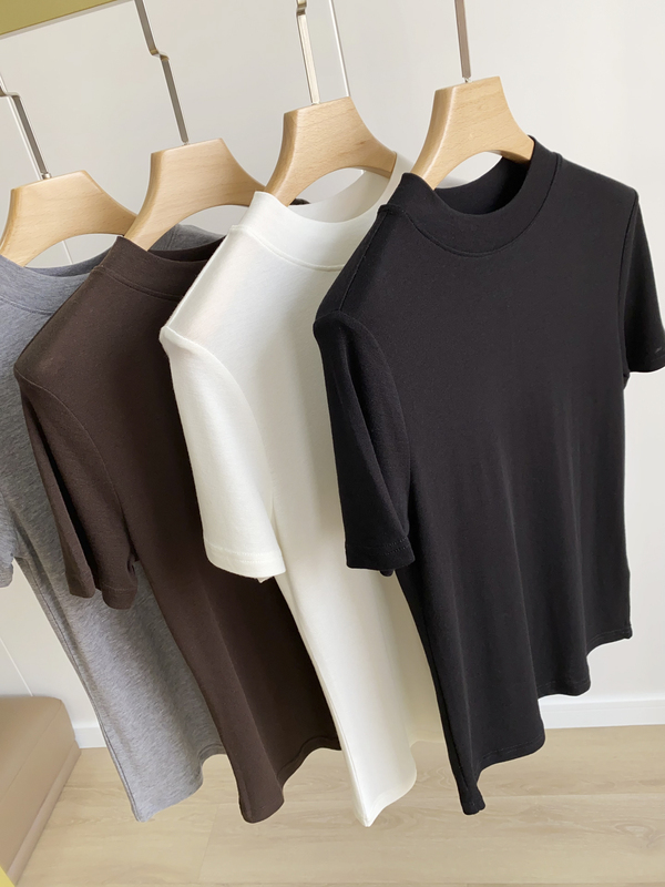 Intellectual Style ~ Like Baby Skin ~ Lyocell Wool Slim-Fit Half-High Round Neck Short-Sleeve T-Shirt for Women, Spring and Summer