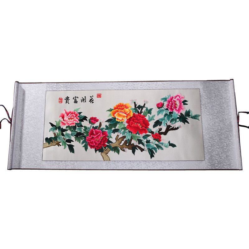 Purple Yu Xiang embroidery Hand embroidery flower blooming rich peony living room hanging painting Wedding gift company to send gifts to foreign guests