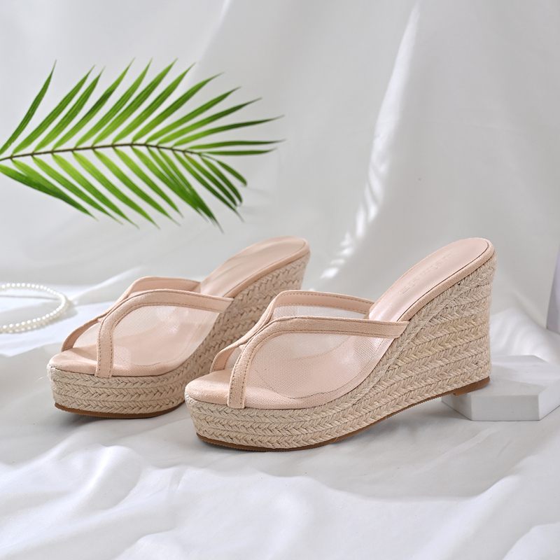 Hollow Mesh High-Heeled Slippers for Women, Summer Wedge Slippers for Women, 2026 New Waterproof Platform Straw-Soled Fish Mouth Slippers