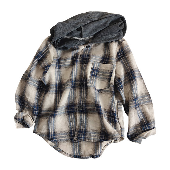 Style hooded plaid shirt jacket children's long-sleeved shirt men's and women's baby thin casual top loose cotton