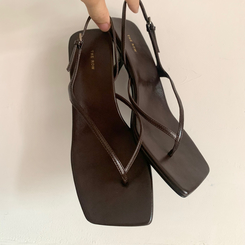 【Top Version】Thin Strap Thong Sandals Square Toe Flip-Flops Genuine Leather Open Back Cat Heel Women's Shoes Open Toe High Heels