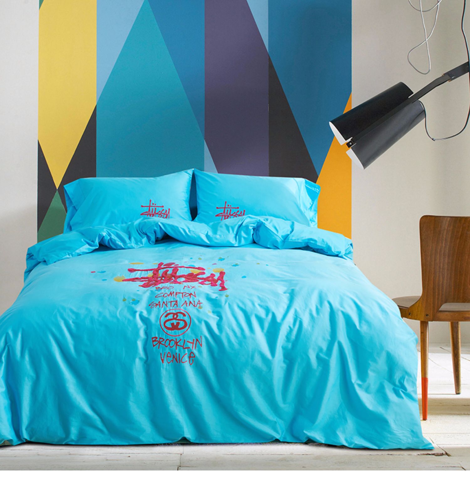 Street Tide thương hiệu bốn mảnh cotton cotton nam tờ quilt bìa thư thêu màu xám giường lanh ký túc xá ba mảnh - Bộ đồ giường bốn mảnh chăn ga gối đệm đẹp