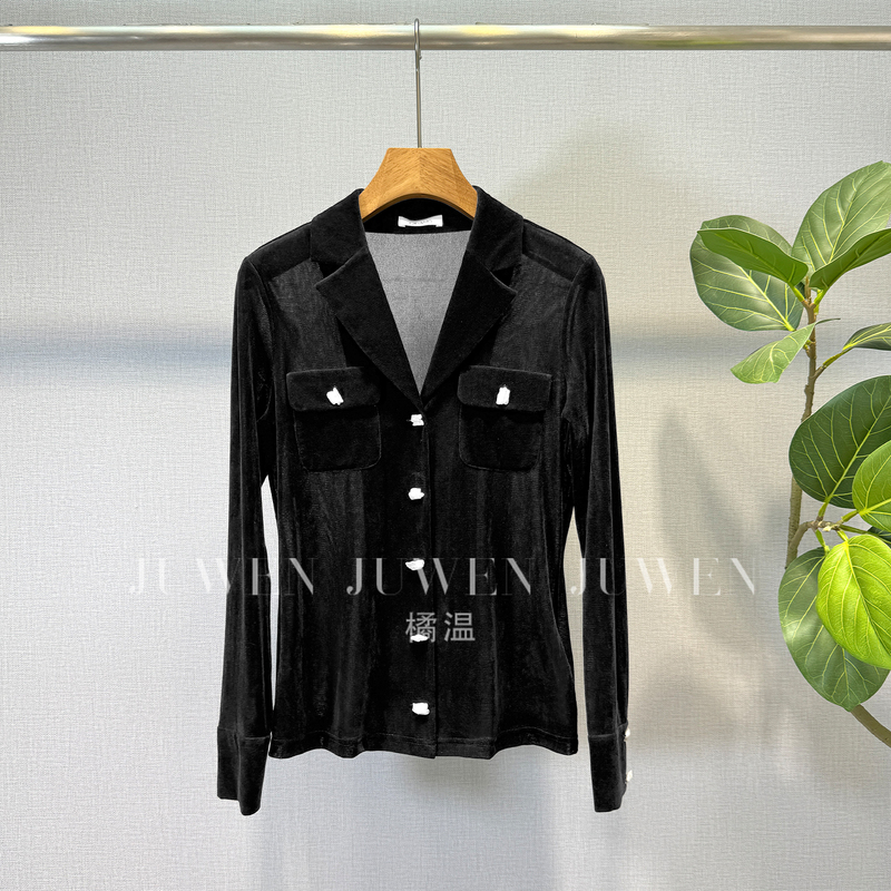 Orange Wen Imported Web Flocking Baroque Pearl Button Commuter Suit Collar Black Slim Long-Sleeved Shirt for Women