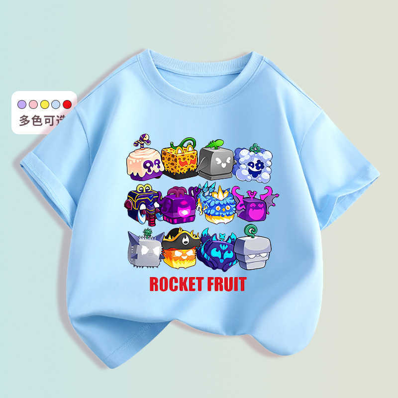 New Blox Fruits Fruit Game Box Pattern Refreshing Light Blue Men's Clothing Summer Pure Cotton T-Shirt