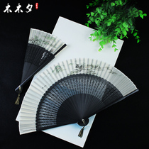 Fan folding fan Chinese style ancient style folding portable small fan Chinese painting Landscape painting Womens plum bone summer fan