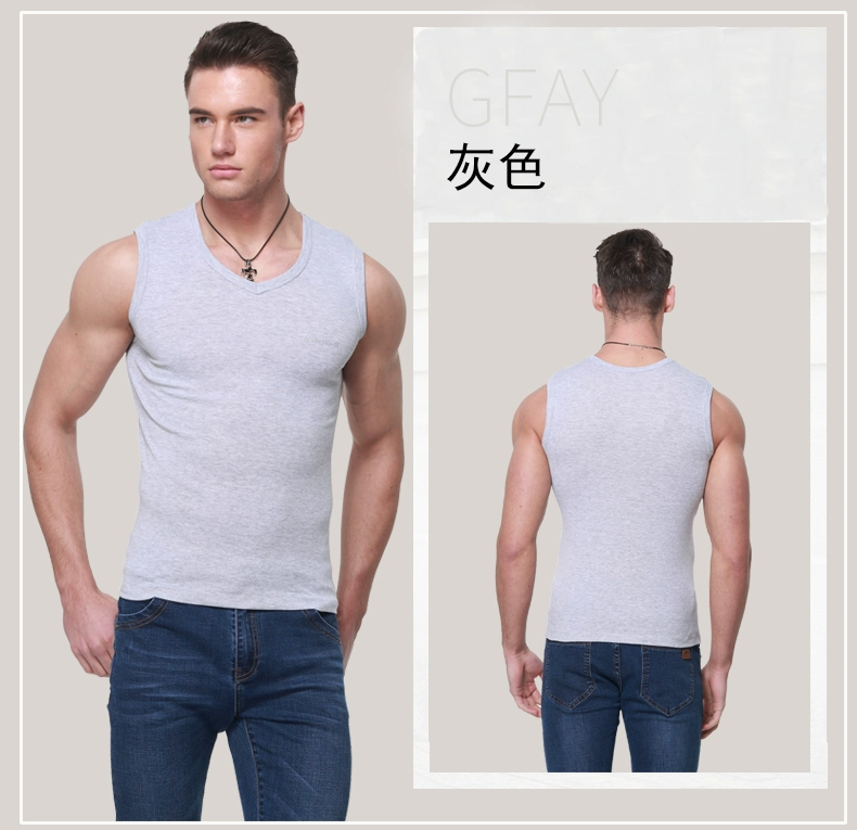 Mùa hè xu hướng thể dục thể thao vai rộng không tay V vòng cổ nam cotton vest đáy đàn hồi thanh niên Slim khoác vest nam