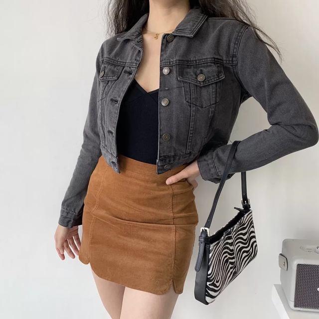 GoGirlGo Slim Washed Old European and American Retro Short Jacket Smoke Gray High Waist Short Denim Jacket Women