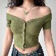 GoGirlGo European and American slim-fit one-word collar single-breasted short-sleeved T-shirt female thread elastic high-waist cropped top