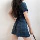 GoGirlGo homemade 90s retro college style lapel plaid slim short-sleeved A-line dress skirt