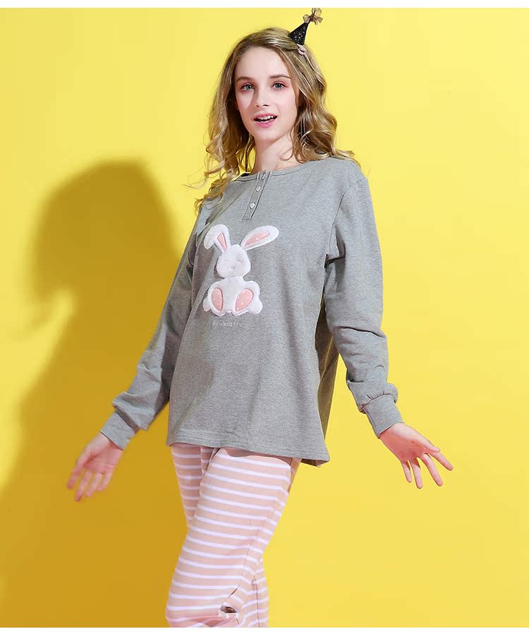 Bộ đồ ngủ mùa xuân cho nữ đơn sắc áo dài tay mùa xuân và cotton mùa thu thỏ dễ thương có thể mặc đồ cotton cỡ lớn phục vụ tại nhà đồ bộ đẹp