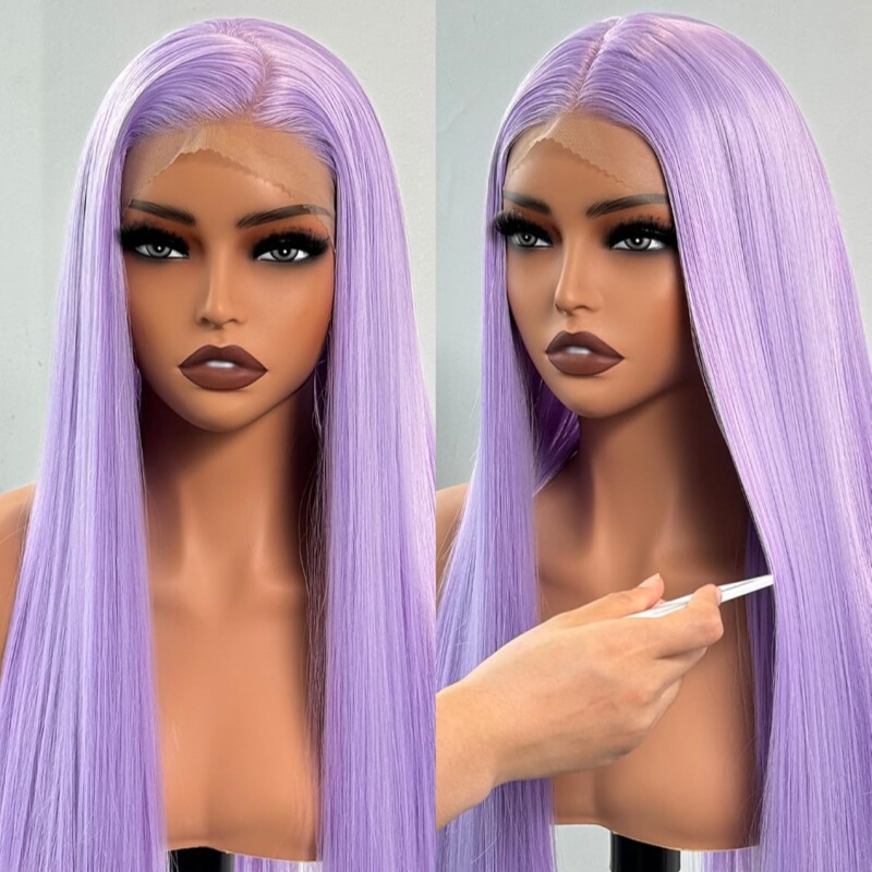 Sweet and Stylish Pink-Purple Taro Purple High-Temperature Synthetic Fiber Long Straight Hair Wig for Women with Realistic Front Lace