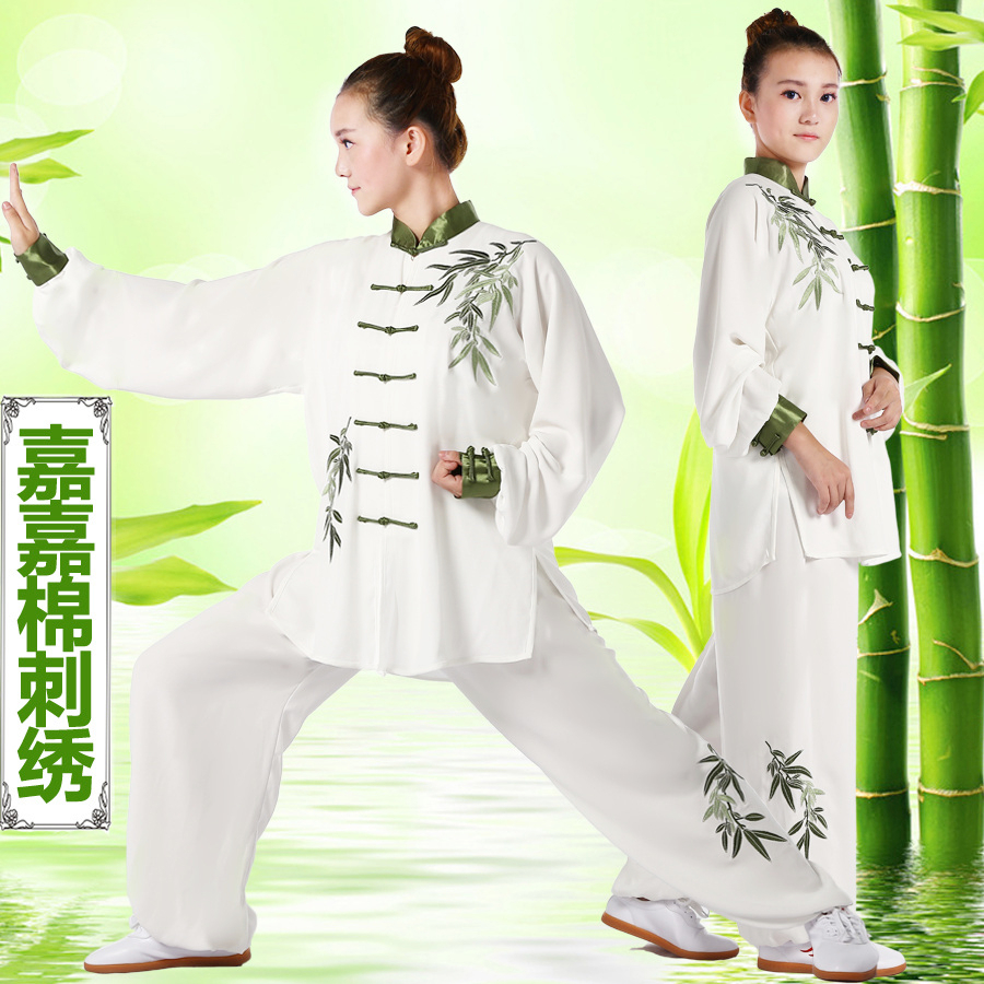Bamboo Leaves Embroidered Taiji Clothes Women's Summer Men China Wind Martial Arts Suit Taijiquan Kongfu Clothing Green Flower Porcelain Embroidery