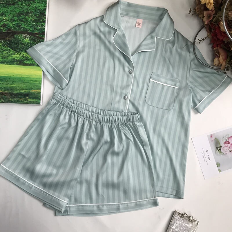 2026 New Green Striped Ice Silk Pajamas for Women, Short-Sleeved Silk Loungewear, Summer Thin Set