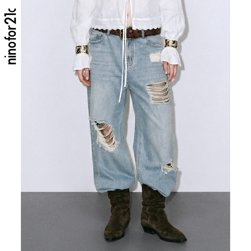 Ninofor21C 26 Spring Washed Distressed Wide-Leg Pants Relaxed Floor-Length Low-Waist Loose Jeans