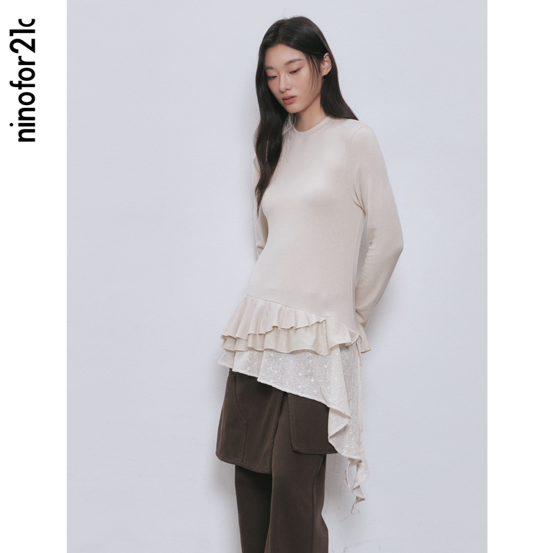 .E1 & Ninofor21C 26 Winter Layered Lace Splicing Ruffled Velvet-Like Slim Long-Sleeved Base Shirt