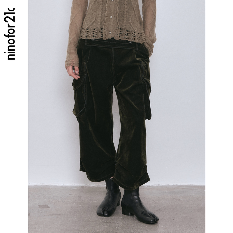 .E1 & Ninofor21C 26 Winter Pleated Waistband Fleece-Like Multi-Pocket Cropped Cargo Pants Wide-Leg Pants