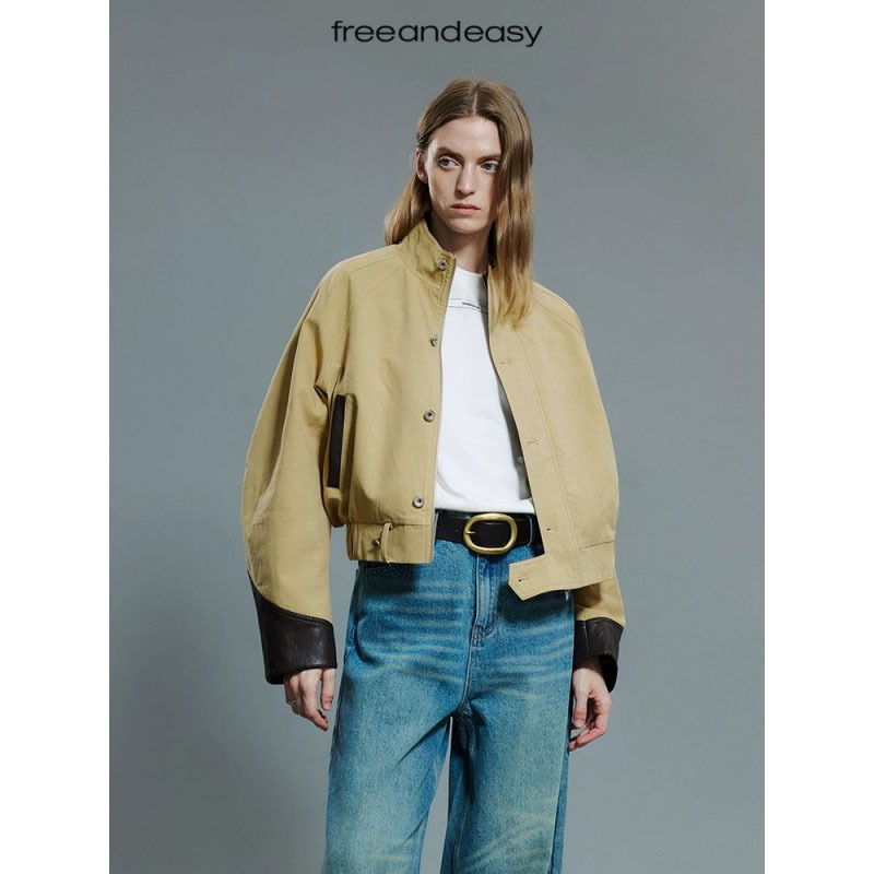 Authentic Authorized Faefreeandeasy Designer Brand Over-Speed Warning American-Style Stand-Up Collar Short Jacket for Women