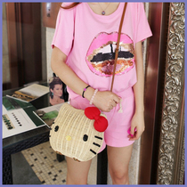 Export Japan Crafts Vine Grass Weaving Retro Kitty Cat Beach Tours Single Shoulder Sketched Satchel Big new product