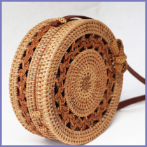INS Vietnam Craft Crafts Autumn Rattan Weave Art Double Fu Knot Hollowed-out Beach Small Round Single Shoulder Inclined Cross-Pack Female New