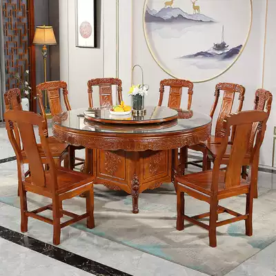 Full solid wood dining table Chinese mahogany round with turntable 10 family table Rosewood classical carved dining table and chair