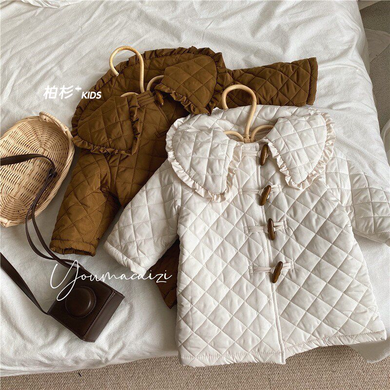 Korean children's clothing 2021 autumn and winter children's checkered lace collar wooden buckle long version thick cotton T coat small and medium children's baby cotton jacket