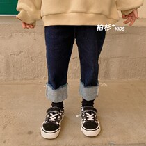 Korean childrens clothing 2021 childrens denim pencil pants for children baby fleece boys and girls Harlan pants tide
