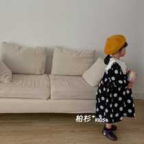 Korean childrens wear 2022 spring and autumn new girls dress for children baby loose polka dot skirt lapel retro skirt