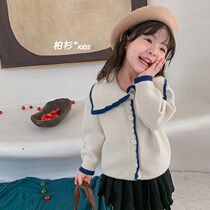 Korean childrens wear 2021 girls Navy collar sweater cardigan womens color-block knit sweater jacket baby top