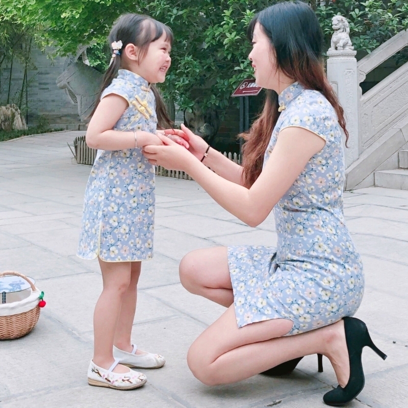 Qipao pro-sub-dress Summer short sleeves Chinese Wind Mother women's dress Flag gown Improved girl Han clothes Baby Liandress The dress foreign