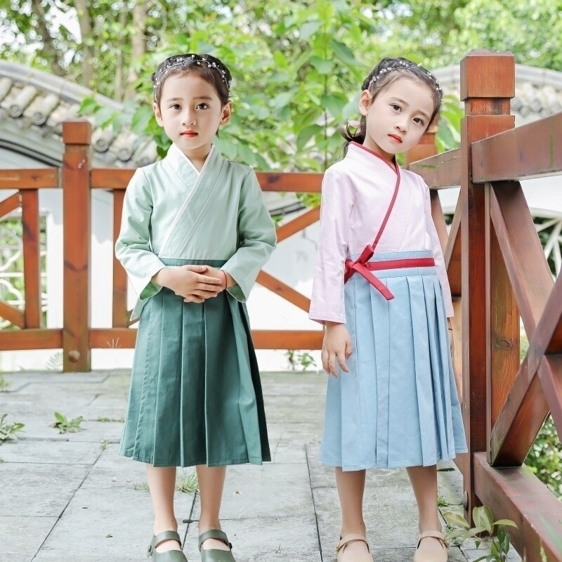 Children's Spring Autumn New Hanfu Girl Power Girl Republic Wind Dress Girl Retro Skirt Baby National School Wear and Down