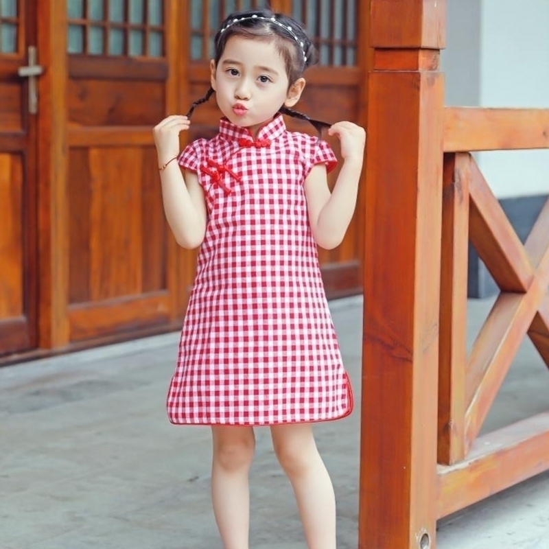 Children Qipao 2022 Summer New Girl Plaid Cotton Linen National Wind Dress Girl Don Dress Princess Dress