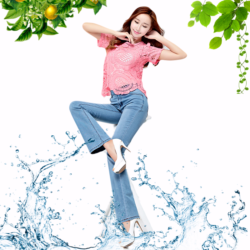 Thời trang hoang dã mùa thu Quần jean mỏng mỏng hông nữ quần micro-horn eo cao thun XL thời trang nữ