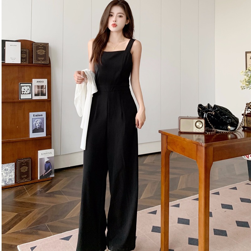 2026 Spring/Summer New Style Elegant Sleeveless Strap Jumpsuit Slimming Waist Black Suit Overalls Wide-Leg Pants
