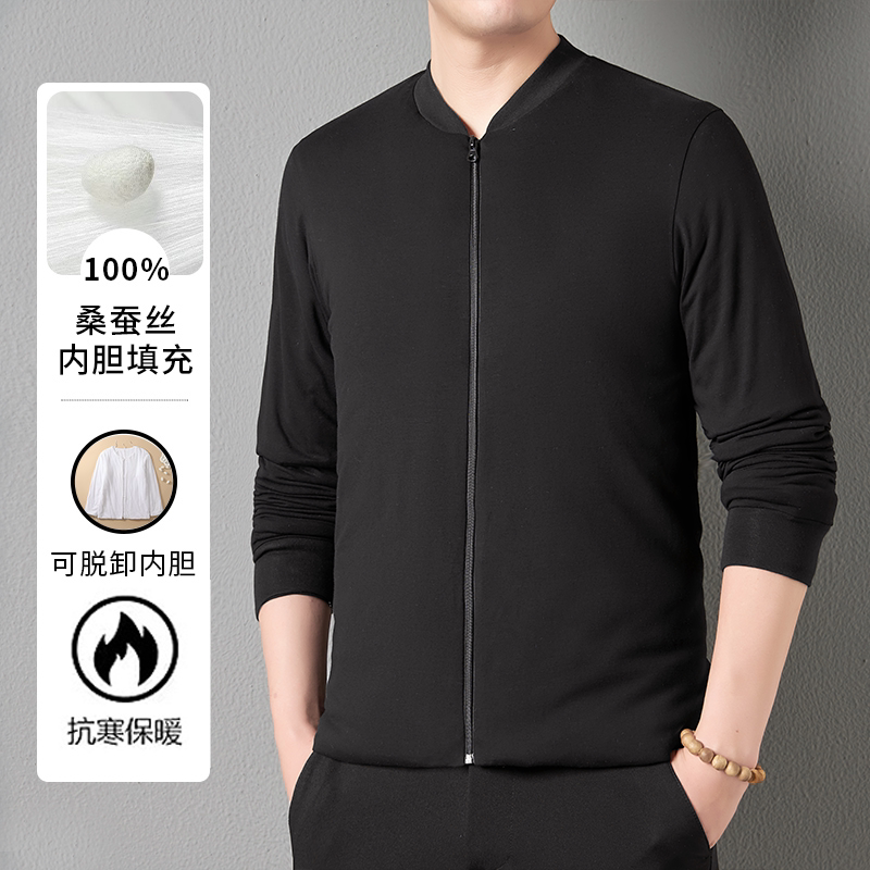 Men's Mulberry Silk Padded Jacket with Removable Liner, Collarless Cotton Coat, Thickened for Winter, Close-Fitting and Warm, Handmade Silk Cotton Clothing